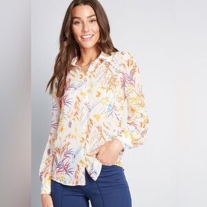 MODCLOTH Be Buzzworthy Sheer Button Front Top in Ivory Floral